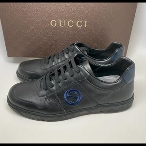 GUCCI Interlock GG Logo Black Leather Sneakers NIB